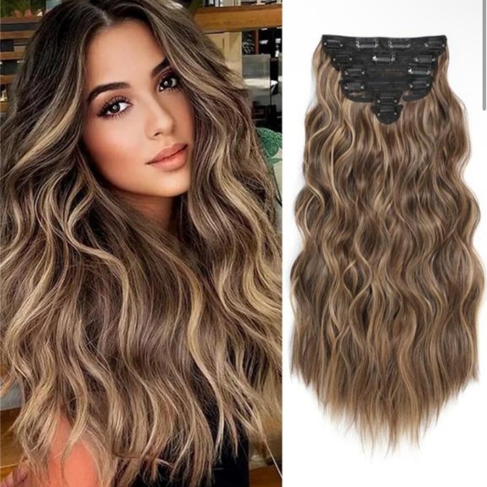 6PCS Long Wavy Curly Clip on Hair Extensions Honey Blonde Mixed Light Brown